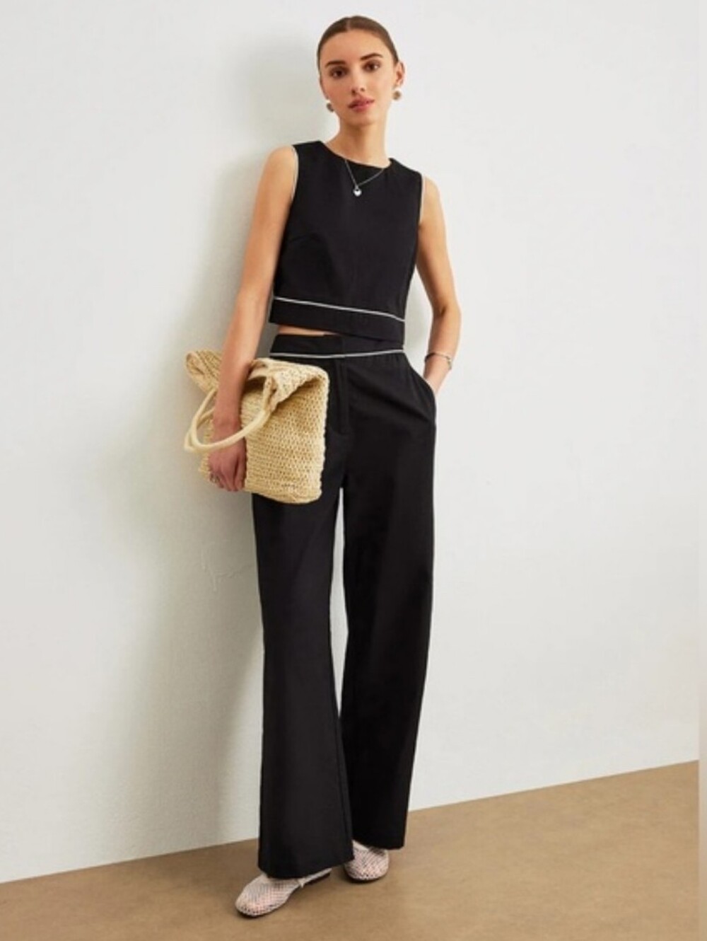 Black Wide-Leg Cotton-Linen Pants Set